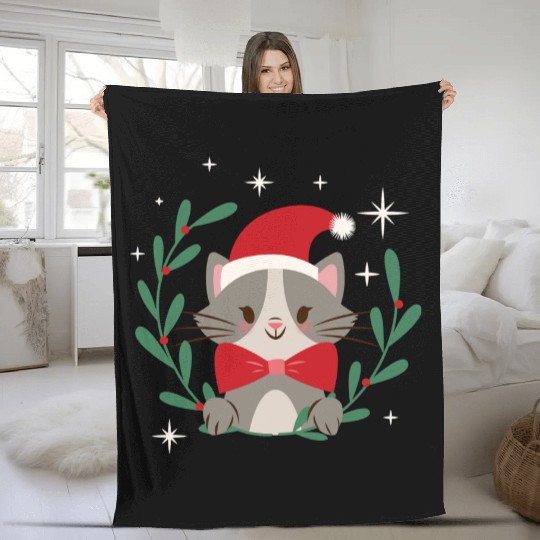 Festive Cat in Santa Hat Fleece Blankets