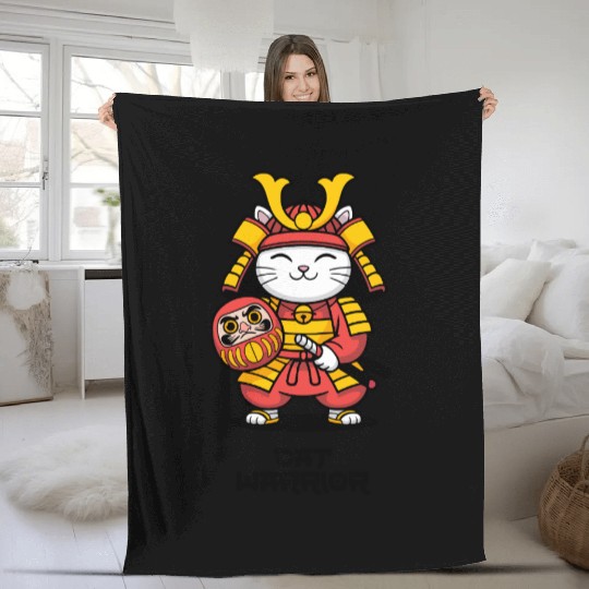 Kawaii Samurai Cat with Daruma Doll – Japanese  Fleece Blankets