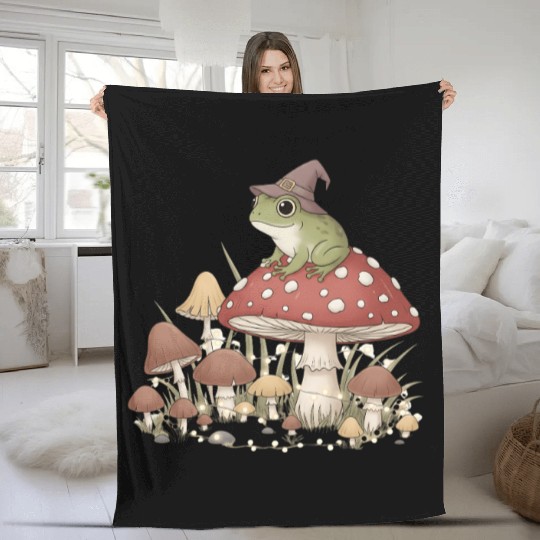 Whimsical Forest Frog in Magic Mushroom Scene Fleece Blankets