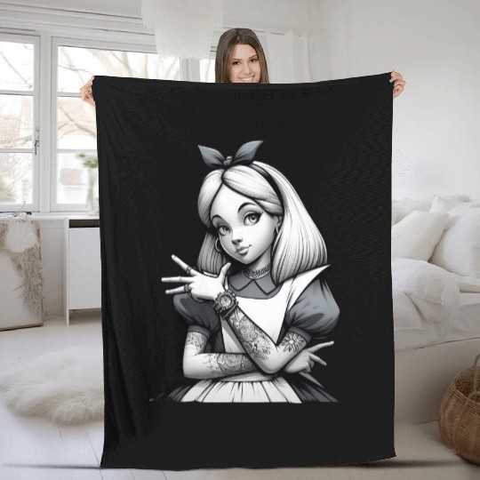 Black and White Retro Tattoo Girl Design Fleece Blankets
