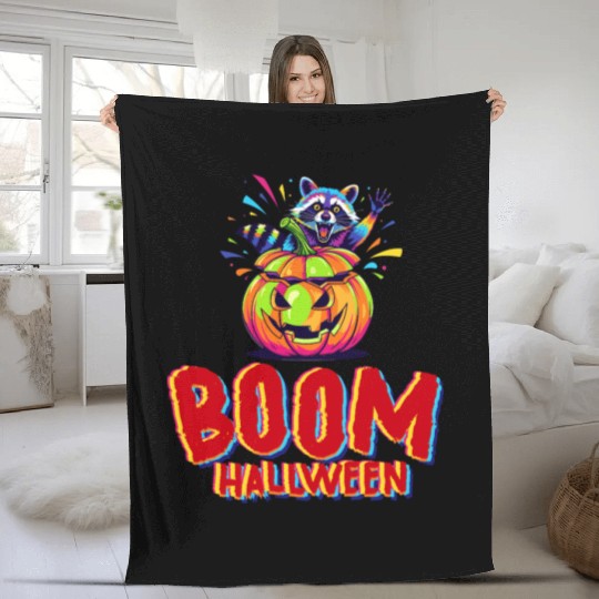 Colorful Raccoon with Pumpkins Halloween Design Fleece Blankets