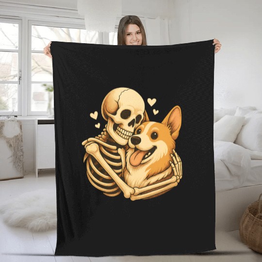 Halloween Skeleton Hugging Corgi Dog Fleece Blankets