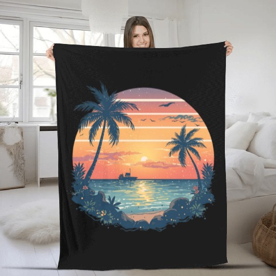 Sunset Ocean Scene with Palm Trees Fleece Blankets