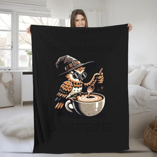 Whimsical Wizard Owl Coffee Design Fleece Blankets