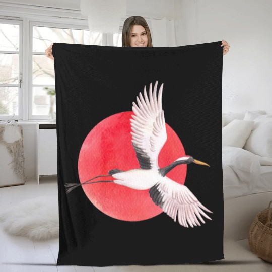Elegant Crane Flying Over Red Sun Fleece Blankets