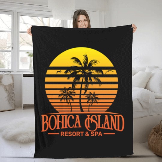 Funny retro Bohica island resort and spa military  Fleece Blankets