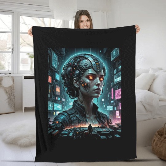 Futuristic AI Cyborg Portrait Fleece Blankets
