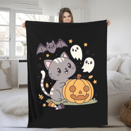 Halloween Kawaii Cat Bat Pumpkin Fleece Blankets