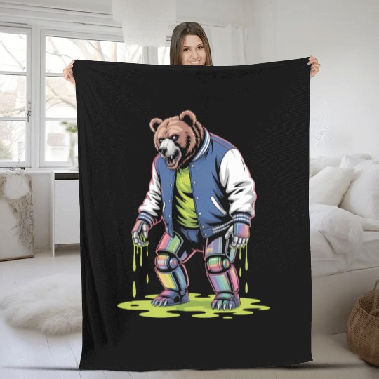 Cyber Toxic Grunge Bear Streetwear Futuristic Fleece Blankets