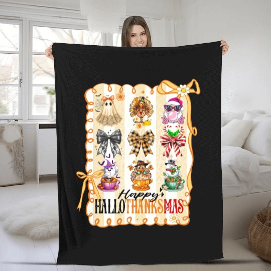 Thanksgiving Christmas Happy Hallothanksmas Fleece Blankets