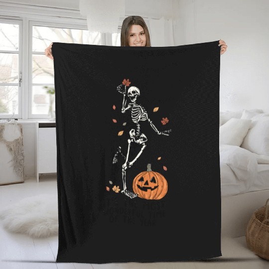 Halloween Skeleton Pumpkin Fall Autumn Spooky Gift Fleece Blankets