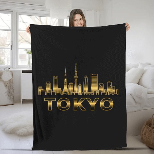 Elegant Tokyo Skyline Gold Line Art Fleece Blankets