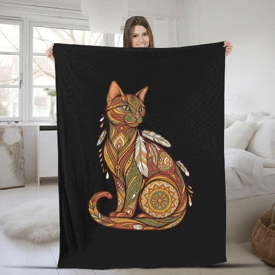 Boho Cat – Mandala Tribal Feather Design Fleece Blankets