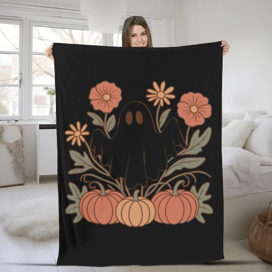Floral Halloween Flower Pumpkin Ghost Cottagecore Fleece Blankets