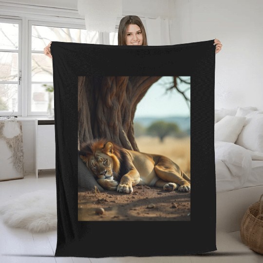 Serene African Lion Resting Scene Fleece Blankets