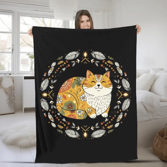 Boho Cat – Warm Feathered Circle Design Fleece Blankets