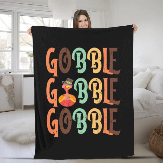 Festive Turkey and Gobble Text Pattern Fleece Blankets