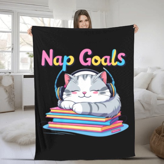 Cute Cat Nap Goals Design Fleece Blankets