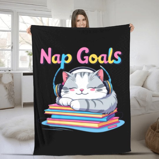 Cute Cat Nap Goals Design Fleece Blankets