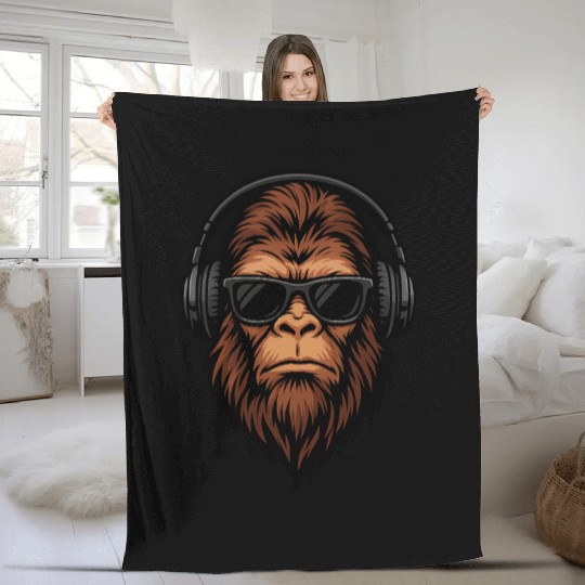 Cool Bigfoot Head with Sunglasses & Headphones Fleece Blankets