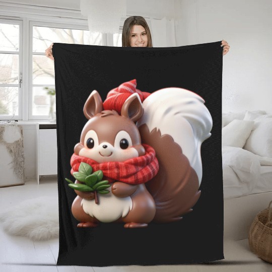 Festive Squirrel with Plaid Hat and Scarf Fleece Blankets