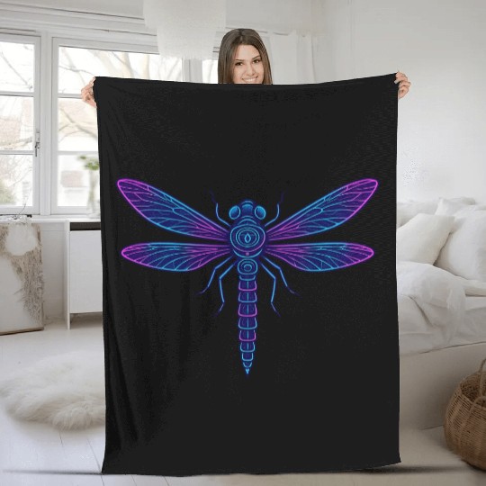 Neon Mythical Dragonfly Illustration Fleece Blankets