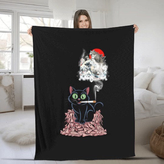 Black Cat Smoking Cigarette Catzilla Fleece Blankets