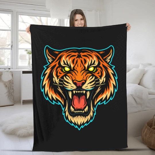 Vibrant Roaring Tiger Illustration Fleece Blankets