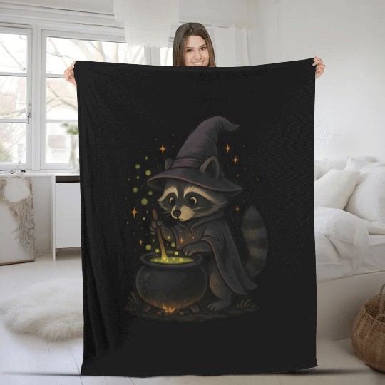 Mystical Raccoon Witch in Magic Cauldron Fleece Blankets