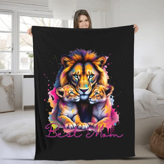 Colorful Lion Cubs and Mother Design Fleece Blankets
