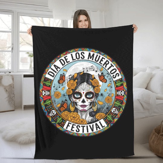 Vibrant Día de los Muertos Skull Fleece Blankets