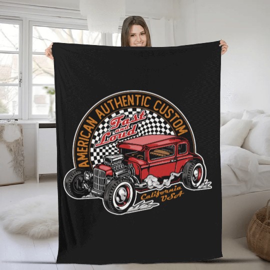 Vintage Hot Rod Car Illustration Fleece Blankets