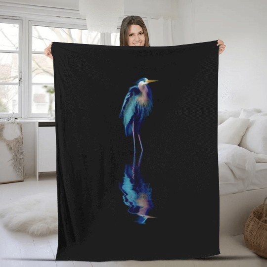 Great Blue Heron Stands Reflected Fleece Blankets