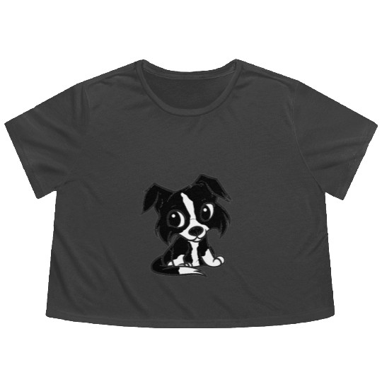 border collie bw cartoon Flowy Cropped Tees