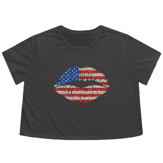 american flag lips glitter USA patriotic patriot Flowy Cropped Tees