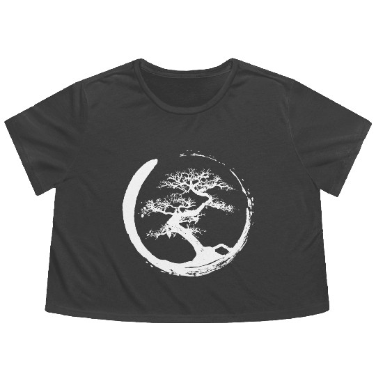 Zen Bonsai Tree in Enso Circle (white) Flowy Cropped Tees