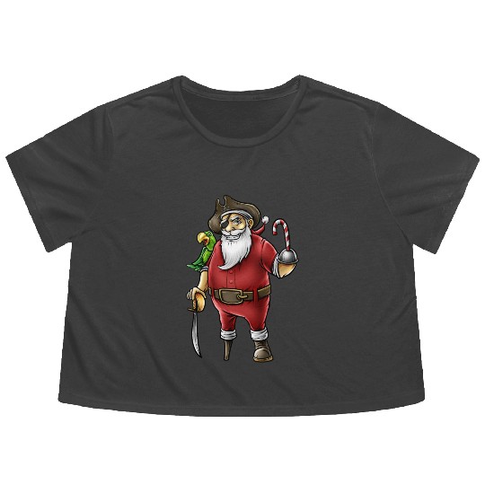 Santa Pirate Funny Christmas Candy Cane Hook Hand Flowy Cropped Tees