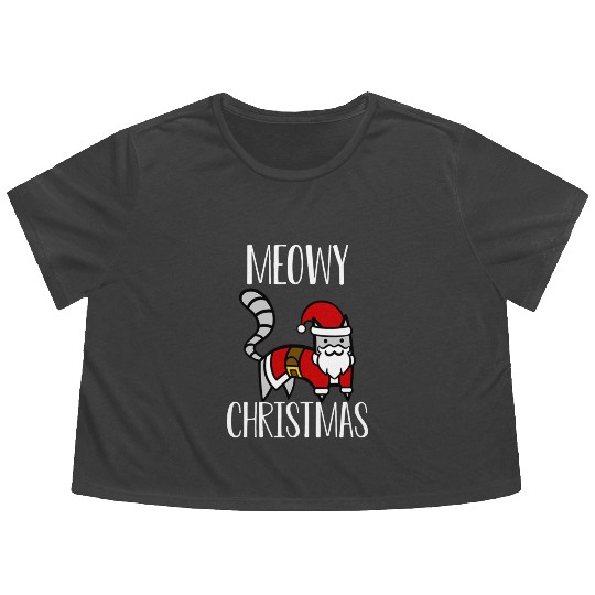 Christmas Cat Greeting Merry Christmas Meowy Trend Flowy Cropped Tees
