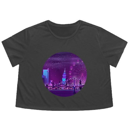 Synthwave Neon City: London Flowy Cropped Tees