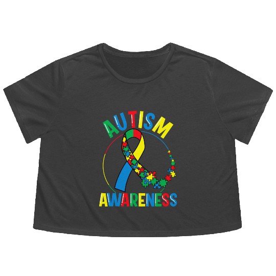 Colorful Autism Awareness Day Puzzle Ribbon Flowy Cropped Tees