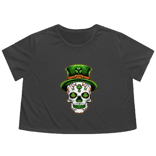 Sugar Skull St Patricks Day Flowy Cropped Tees