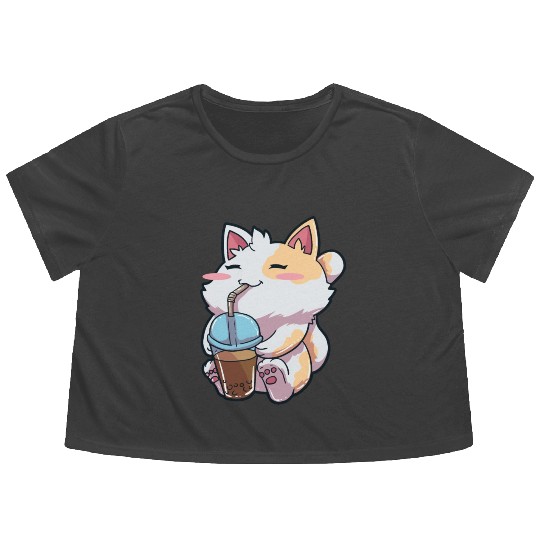 Cat Bubble Tea Anime Flowy Cropped Tees