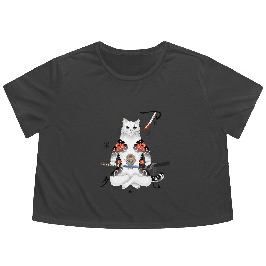 Japanese Samurai Cat Katana Ninja Yakuza Tattoo Flowy Cropped Tees