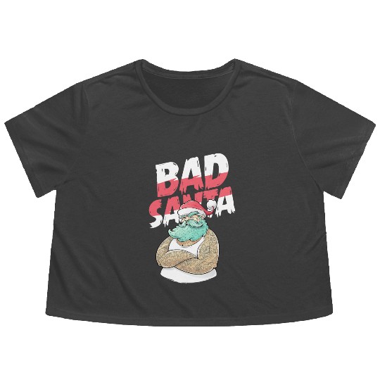 Bad Santa Claus Christmas Tattoo Flowy Cropped Tees