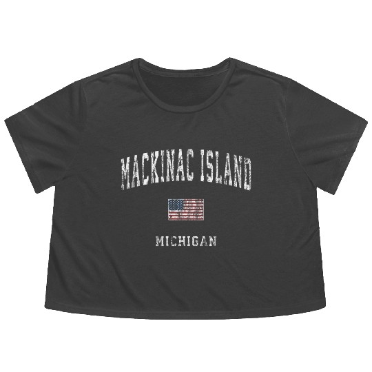 Mackinac Island Michigan MI Vintage American Flag Flowy Cropped Tees