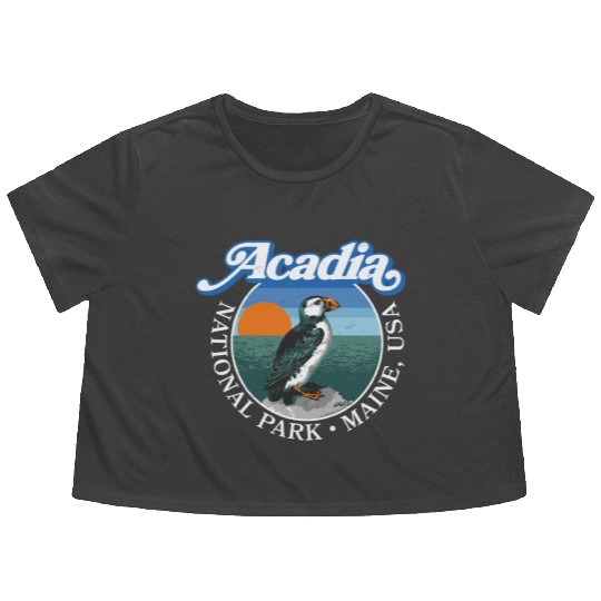 Retro Acadia National Park Vintage Maine Puffin Flowy Cropped Tees