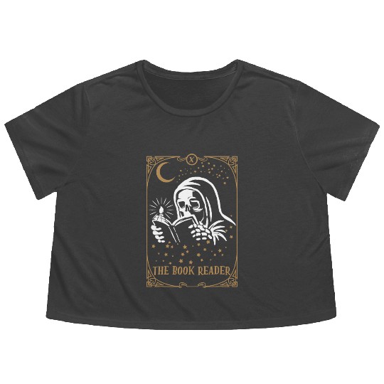 The Book Reader Tarot Card Hooded Skeleton Reading Flowy Cropped Tees