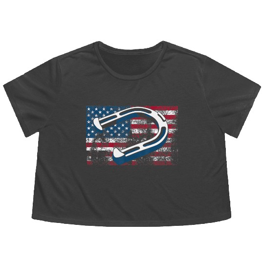Cool Horseshoe Pitching USA Flag Funny US Pitcher Flowy Cropped Tees
