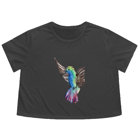 Colorful Watercolor Hummingbird flying pink Flowy Cropped Tees