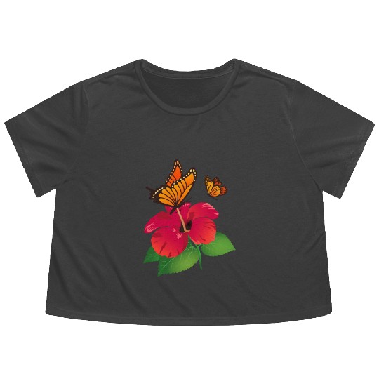 Hibiscus Flower and Monarch Butterfly Nature Flowy Cropped Tees